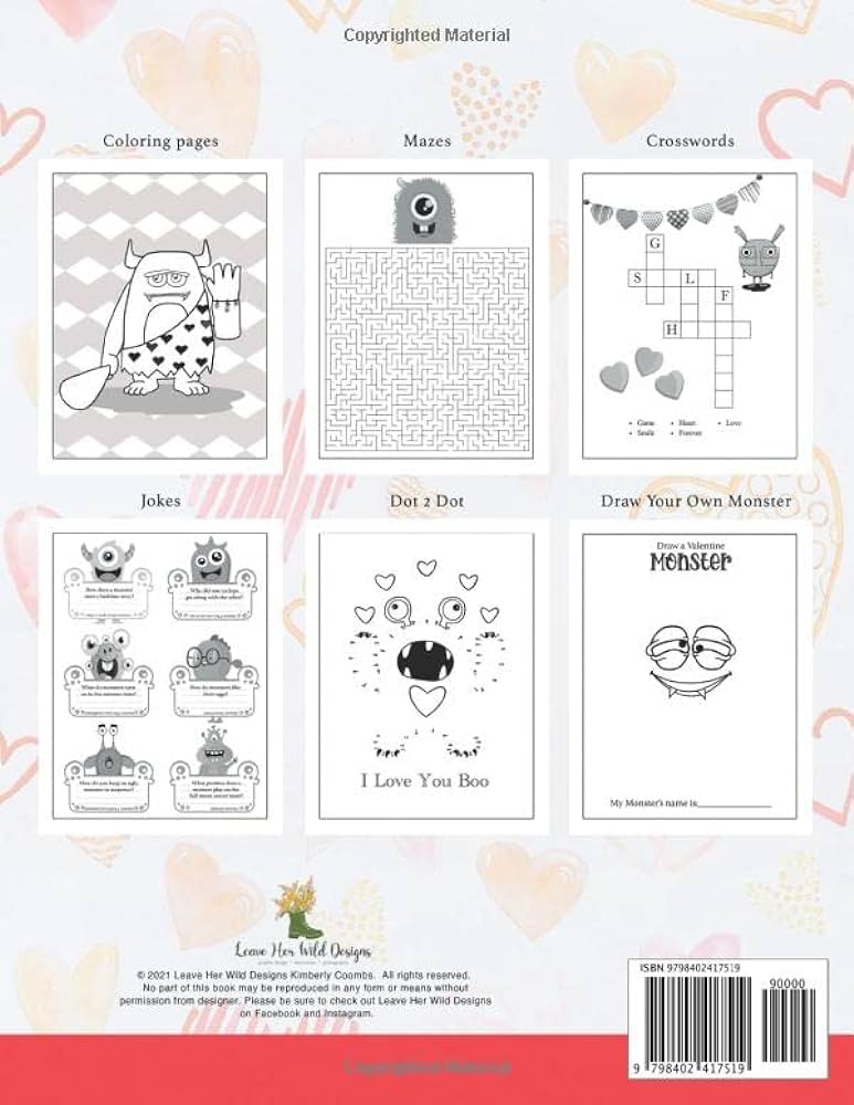 Valentine monsters activity book for kids valentines day fun with coloring pages mazes crosswords jokes dot dot and draw your own monsters by coombs kimberly