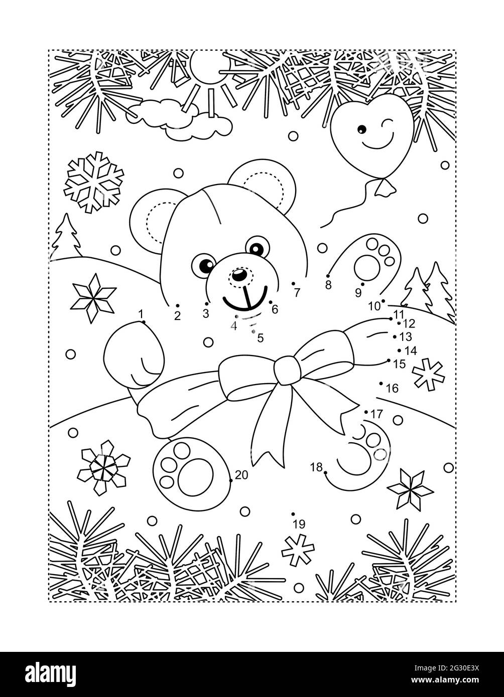 Valentines day teddy bear with big heart connect the dots puzzle and coloring page stock photo