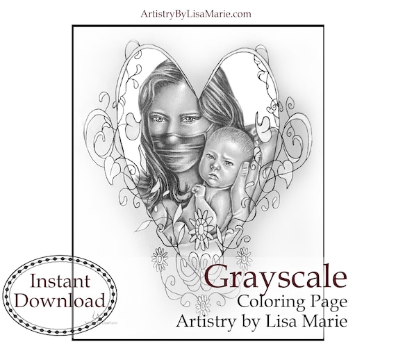 Valentines day heart coloring page mom with baby valentine arts and crafts diy valentine instant download grayscale coloring page