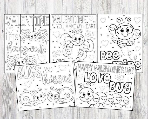 Printable love bug valentines day coloring pages for kids or adults butterfly bee mine spider bugs kisses instant digital download