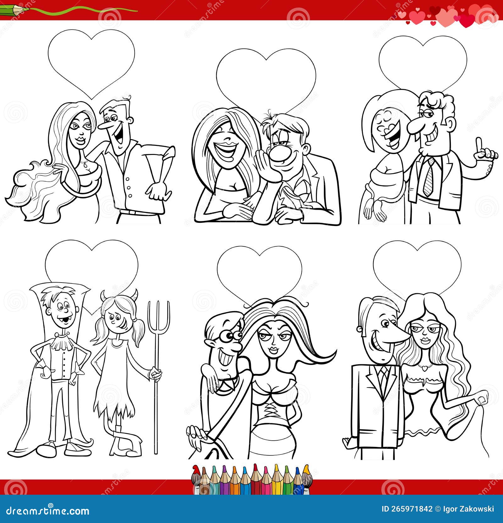 Cartoon couples in love on valentine day coloring book page stock vector