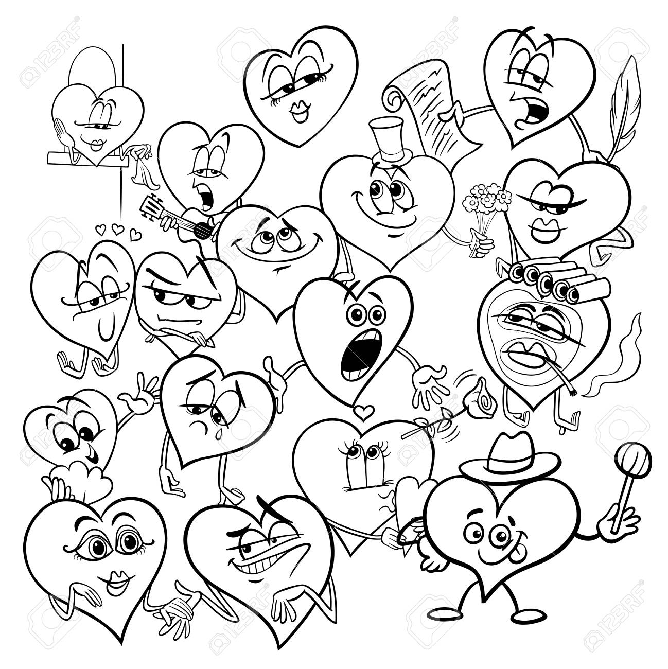 Black and white cartoon illustration of funny valentines day hearts characters group coloring book royalty free svg cliparts vectors and stock illustration image