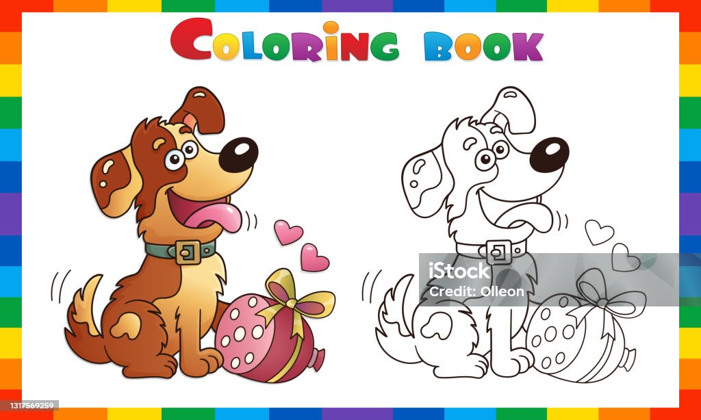 Coloring page outline of cartoon funny dog with sausage greeting card birthday valentines day coloring book for kids stock illustration