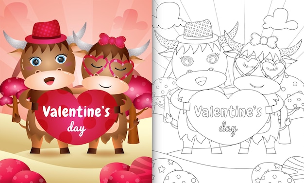 Premium vector coloring book for kids with cute valentines day buffalo couple illustrated