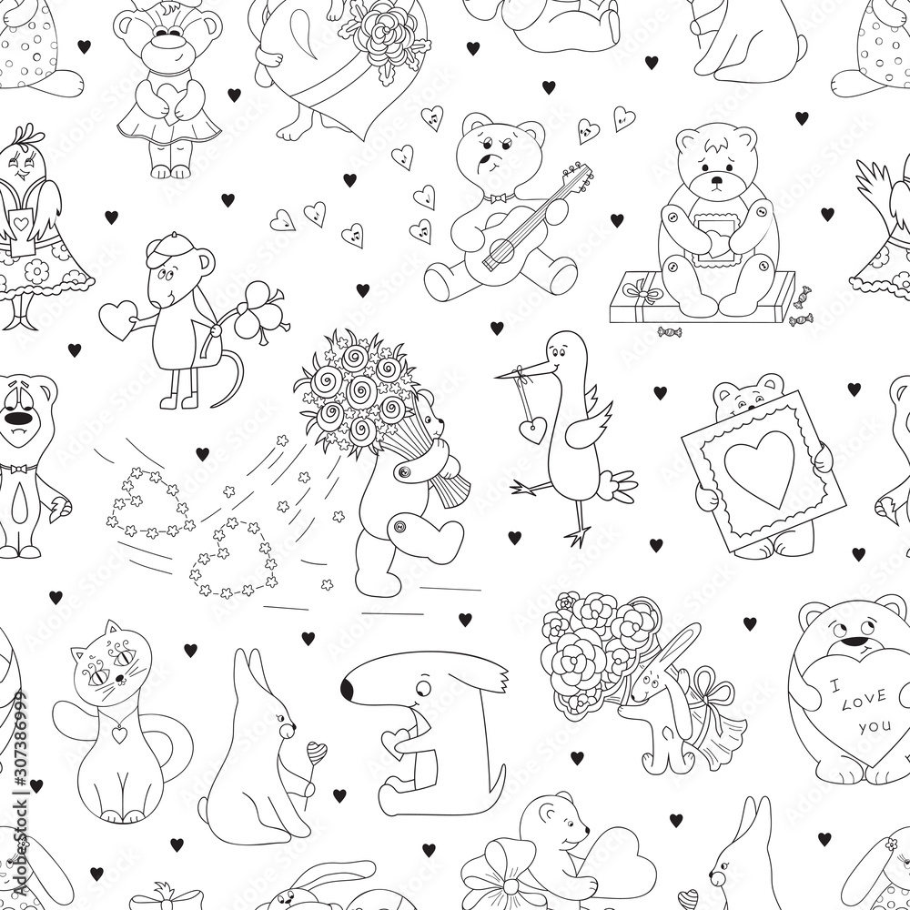 Valentines day vector seamless pattern for kids valentine background with cute cartoon animals with hearts and flowers funny teddy bears rabbits birds cat dog and mouse coloring page vector