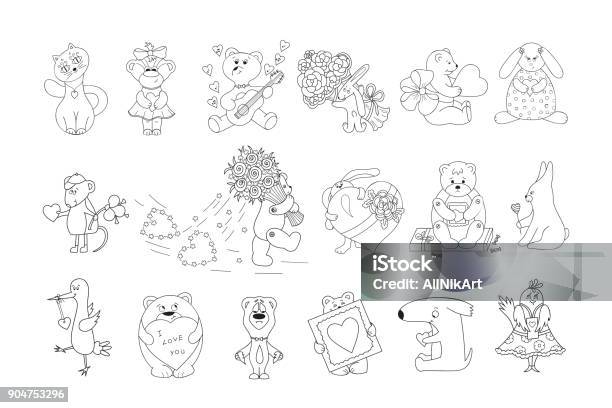 Valentines day vector coloring pages for kids cute cartoon animals with hearts and flowers for valentines