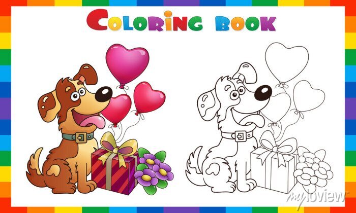 Coloring page outline of cartoon funny dog with gift and flowers fototapeta â fototapety vzdälãnã zãbava dätinskã