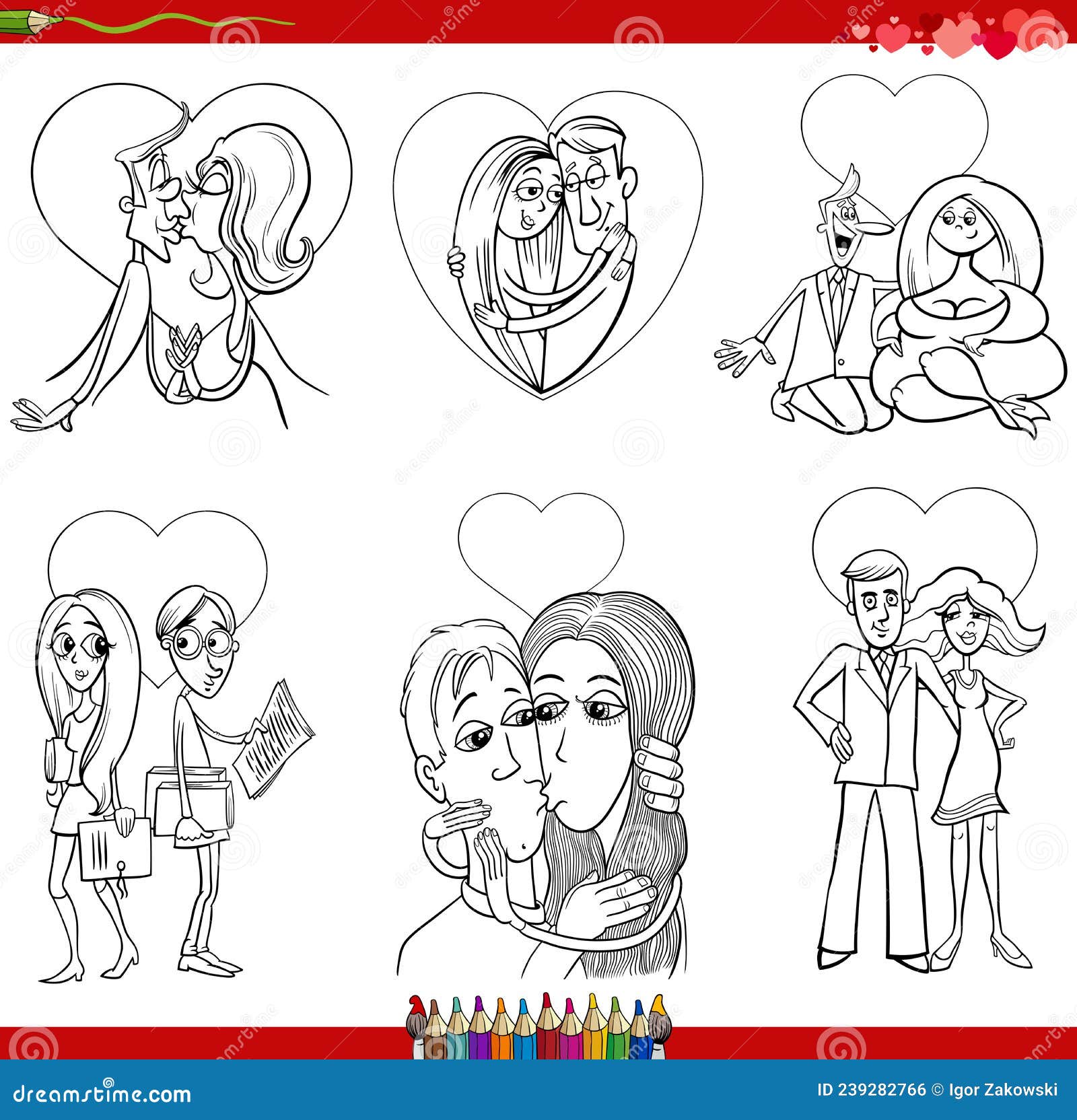 Cartoon couples in love on valentine day coloring book page stock vector
