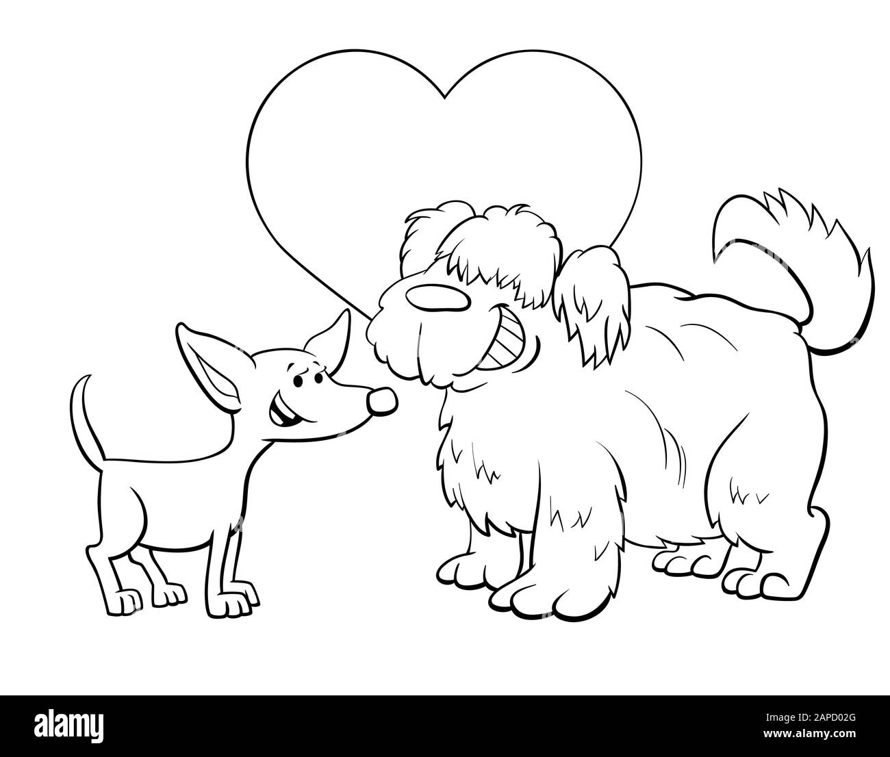 Black and white valentines day greeting card cartoon illustration with funny dog characters in love coloring book page stock vector image art