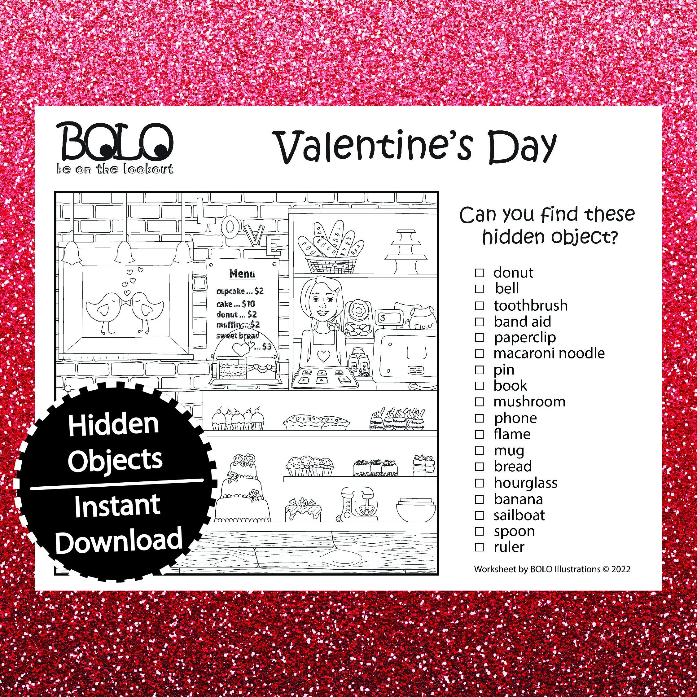 Valentines day bakery bolo be on the look out hidden objects pictures dessert coloring page puzzle hide and seek