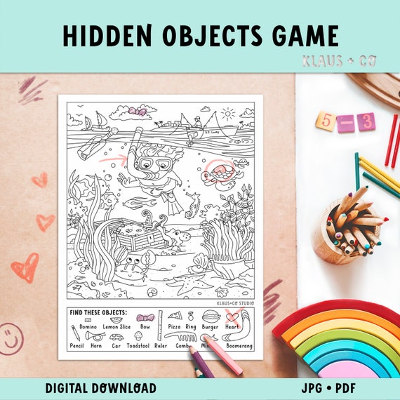 Color and find hidden object coloring page printable activity page download now