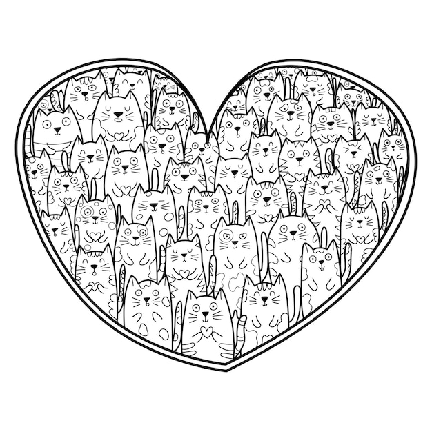 Premium vector doodle cats in hand drawn heart shape coloring page black and white kawaii pattern for antistress coloring book valentines day mandala vector illustration
