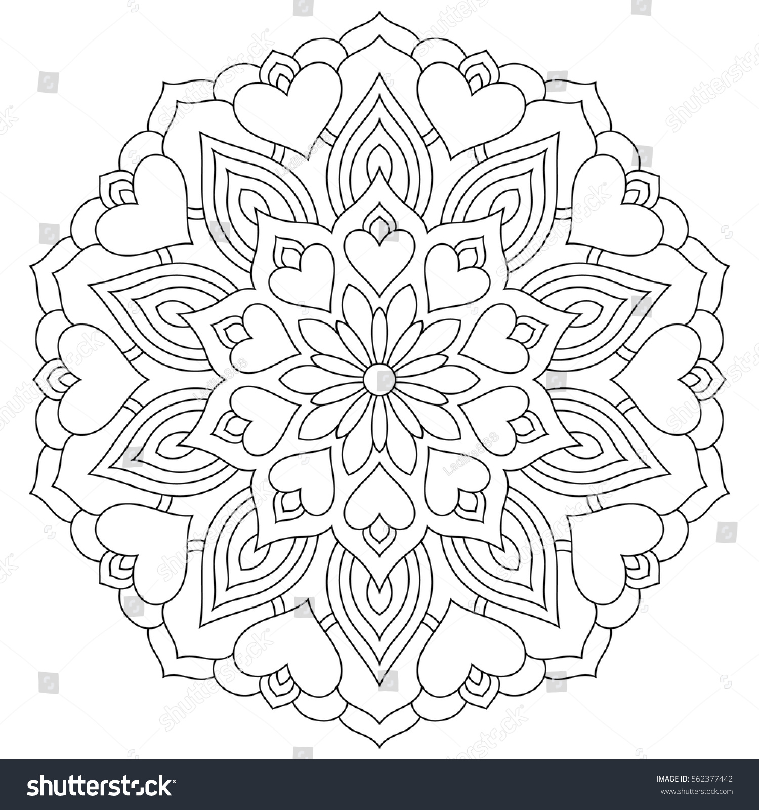 Flower mandala hearts coloring page valentines stock vector royalty free