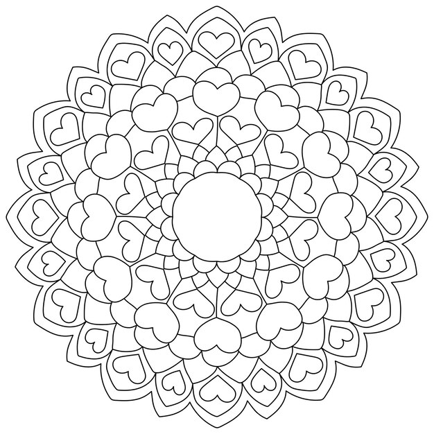 Premium vector contour mandala with hearts simple valentines day coloring page