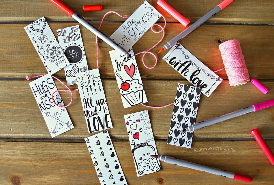 Valentine printable coloring page bookmarks