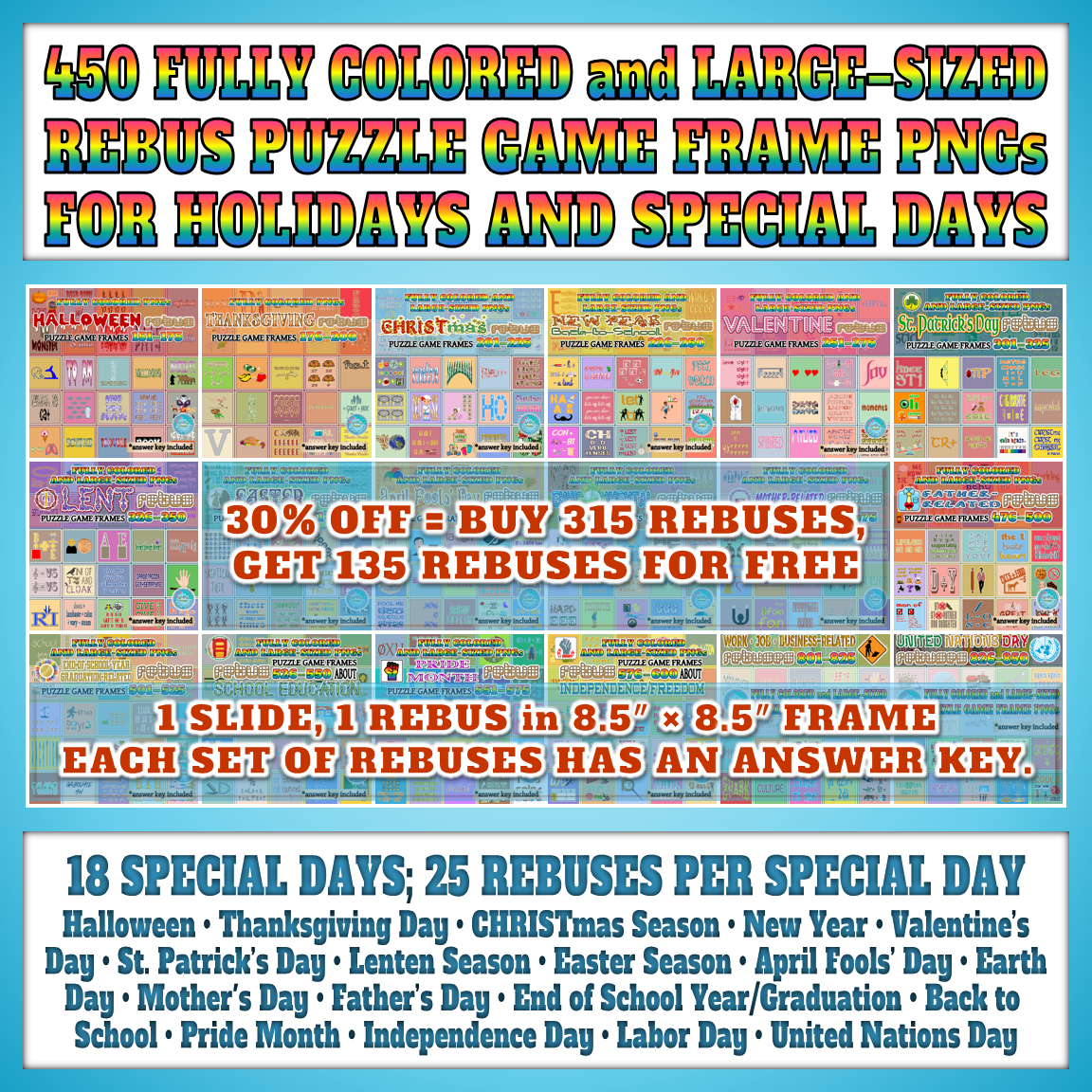 Fully colored rebuses for holidays and special days made by teachers