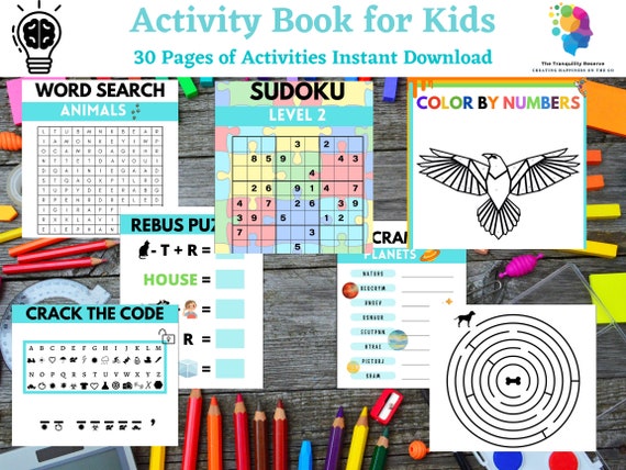Pages puzzle activity book for kids mazes suduko crack the code rebus puzzles color by number scramble words and word search