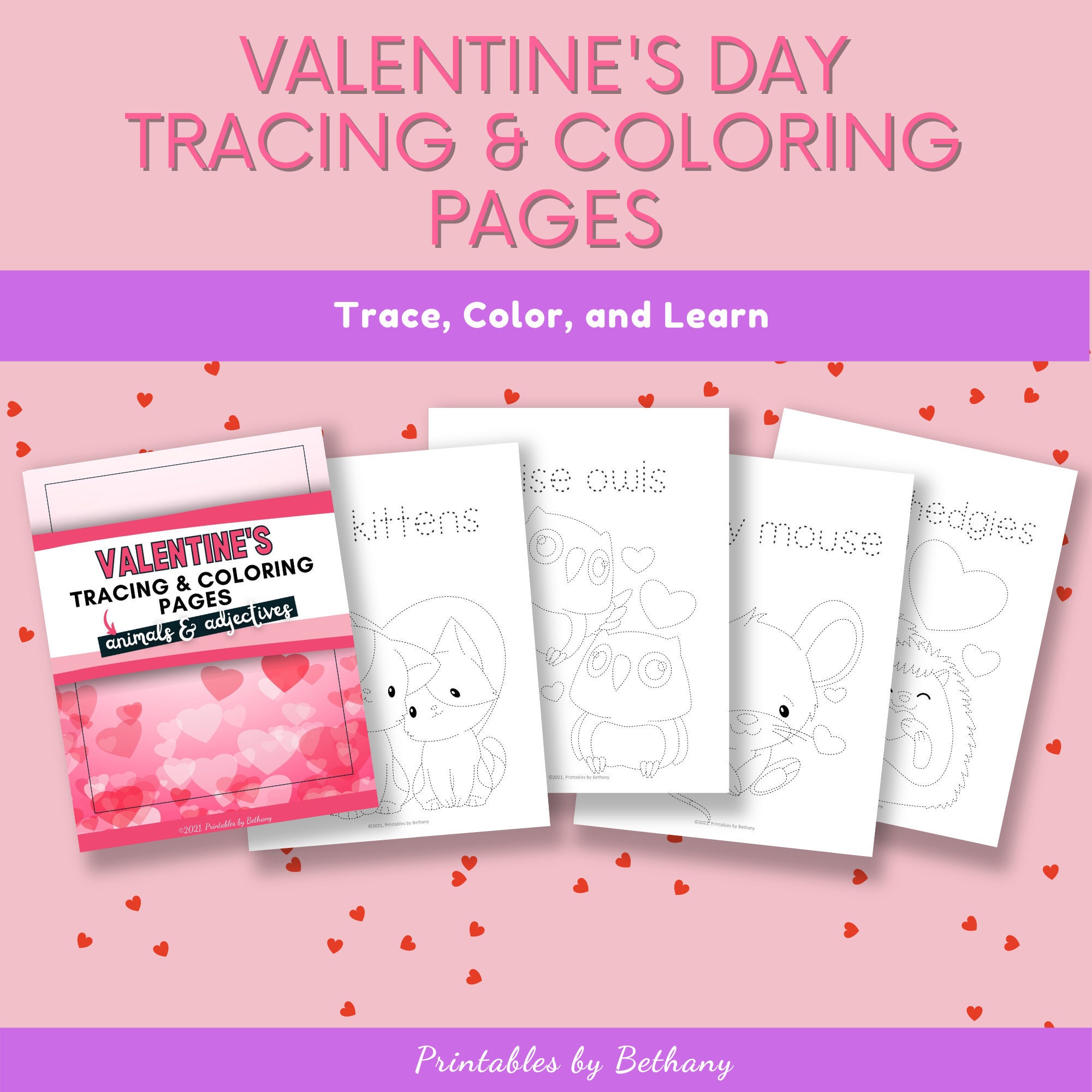 Valentines day printable tracing and coloring activity pages for kids