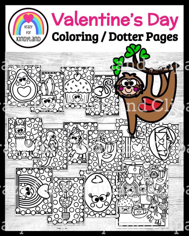Valentines day coloring dotter pages booklet llama sloth unicorn flamingo
