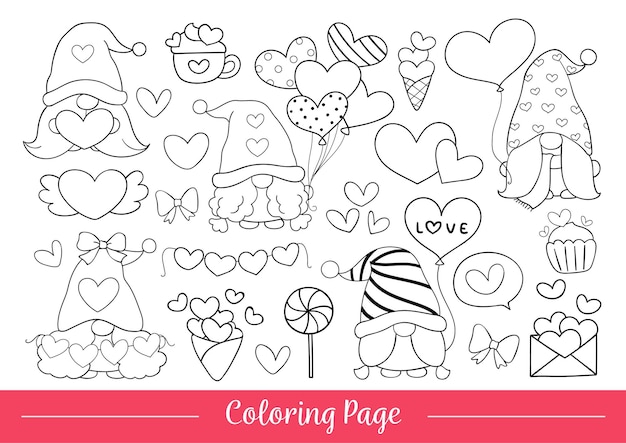 Premium vector draw coloring page gnome valentine day