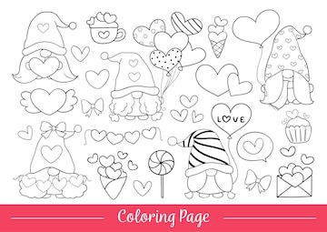 Premium vector draw coloring page gnome valentine day