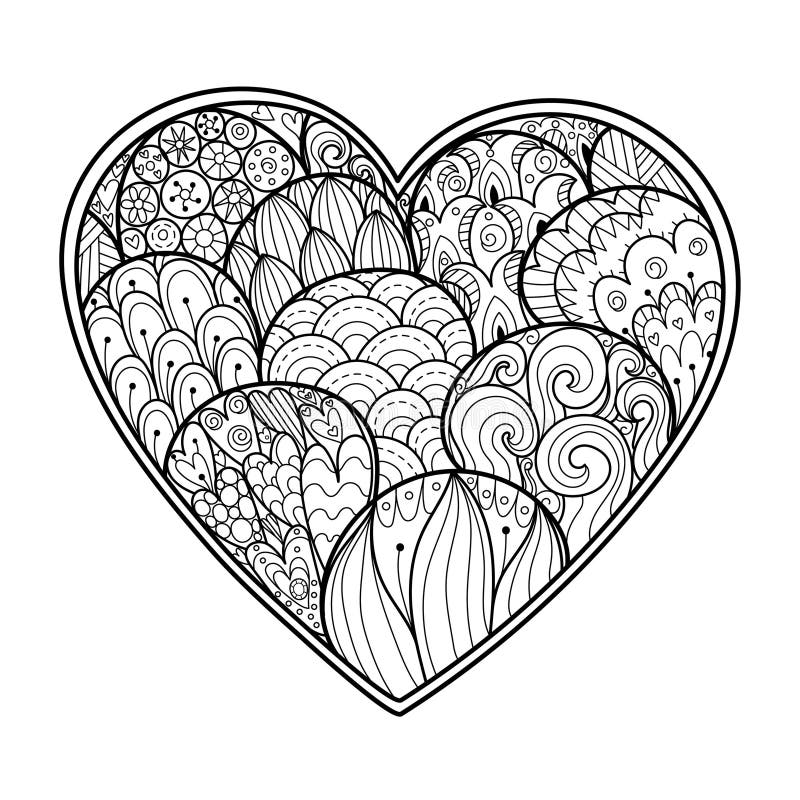 Hand drawn doodle heart coloring page black and white valentines day pattern for coloring book stock vector