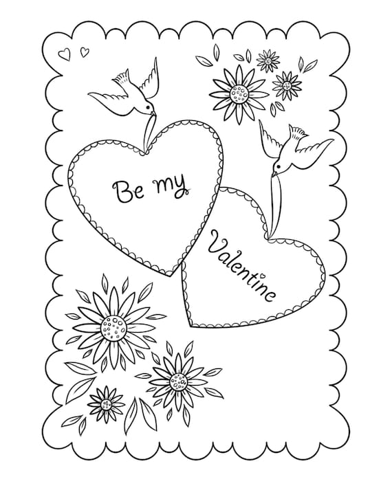 Be my valentine coloring page flowers and birds valentines day coloring sheet kids adult coloring valentines printable love day