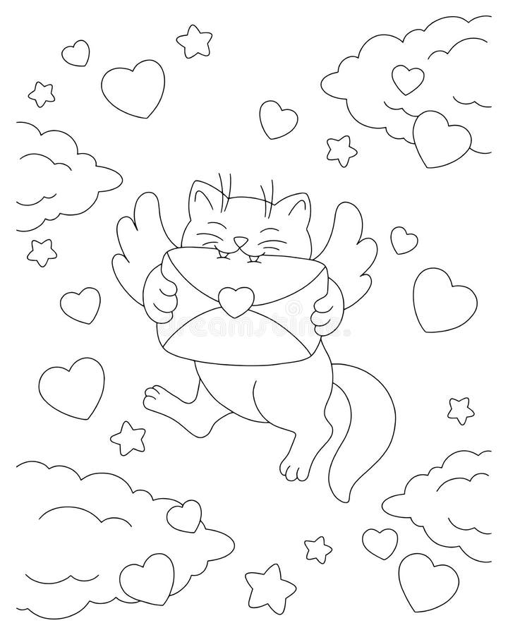 A cat with wings carries a love letter coloring book page for kids valentines day cartoon style character stock vector