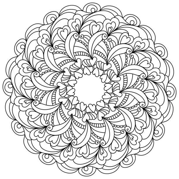 Outline zen mandala of patterns and hearts valentines day coloring page in the shape of a round anti stress frame stock illustration