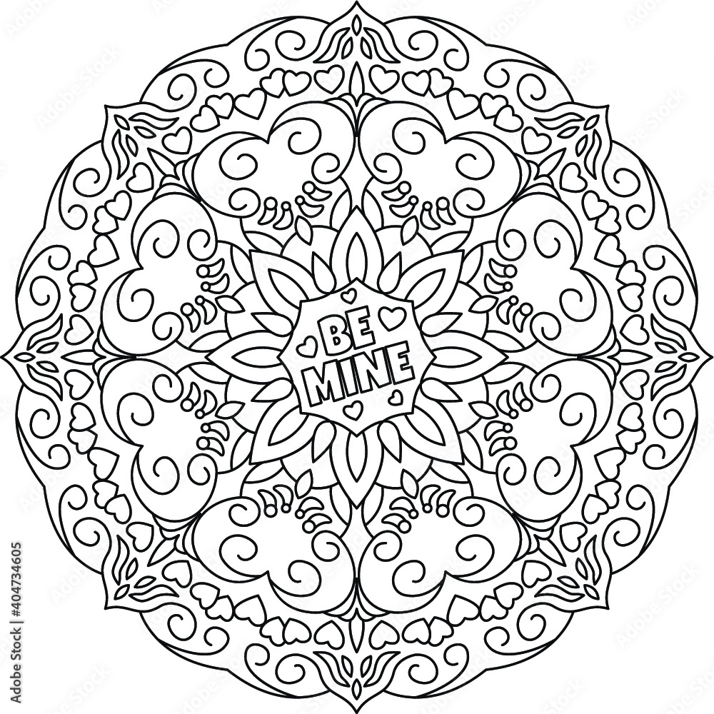 Be mine valentine mandala with heart shape coloring book coloring page vector illustration vector