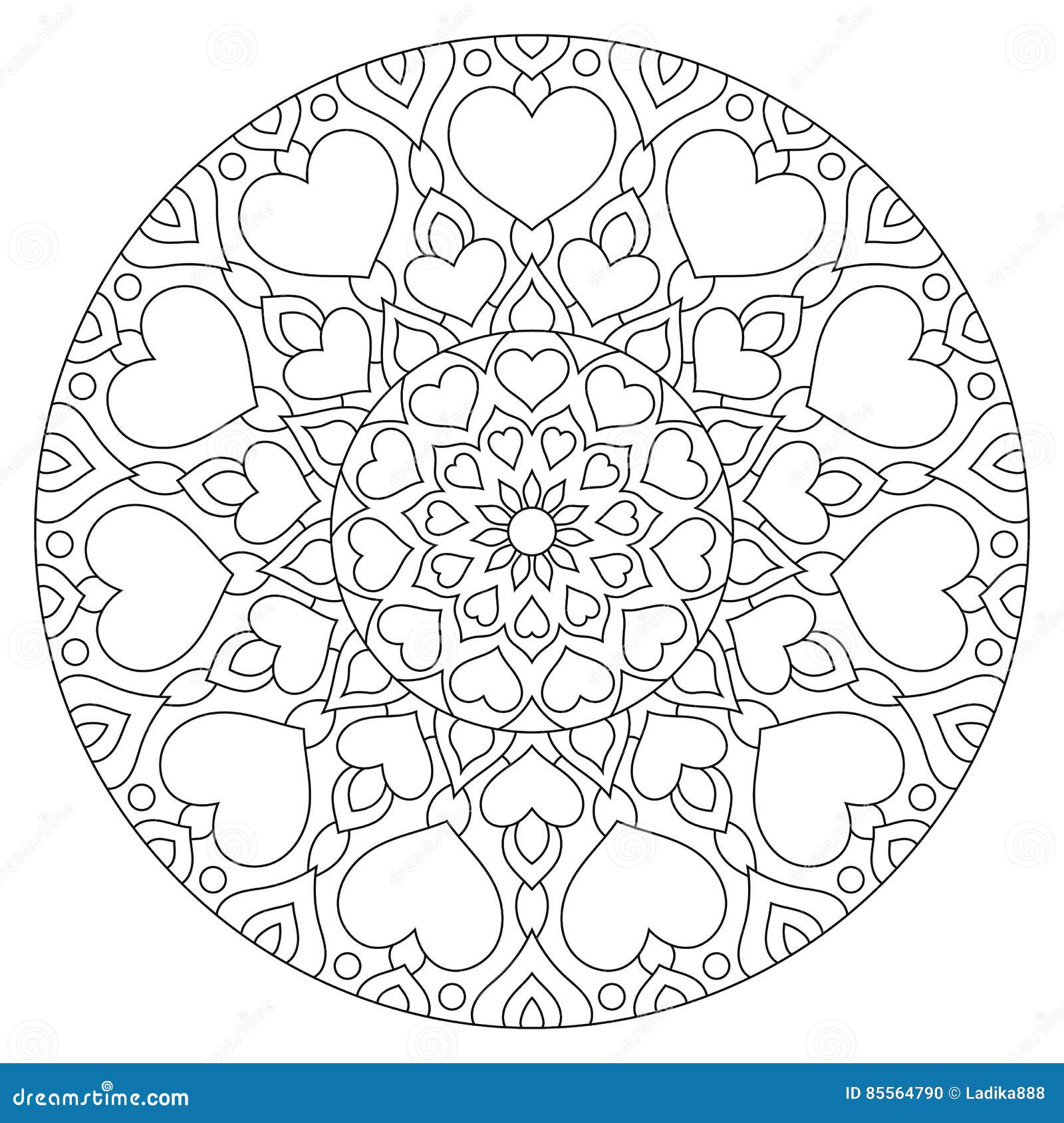 Flower mandala with hearts coloring page for stock vector