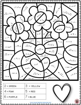 Valentines day music color by code worksheets