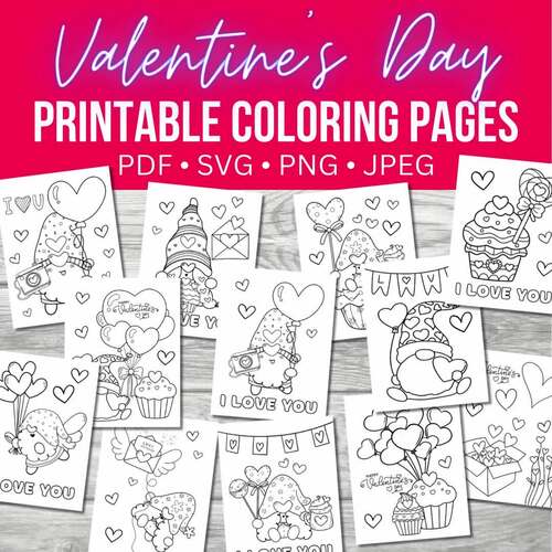 Valentines day coloring page bundle printable coloring pages png svg jpg pdf