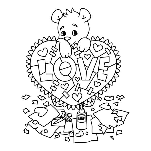 Valentines day greeting card with teddy bear with scrapbook heart february greeting card with hearts vector illustration isolated on white background print for coloring page stock illustration