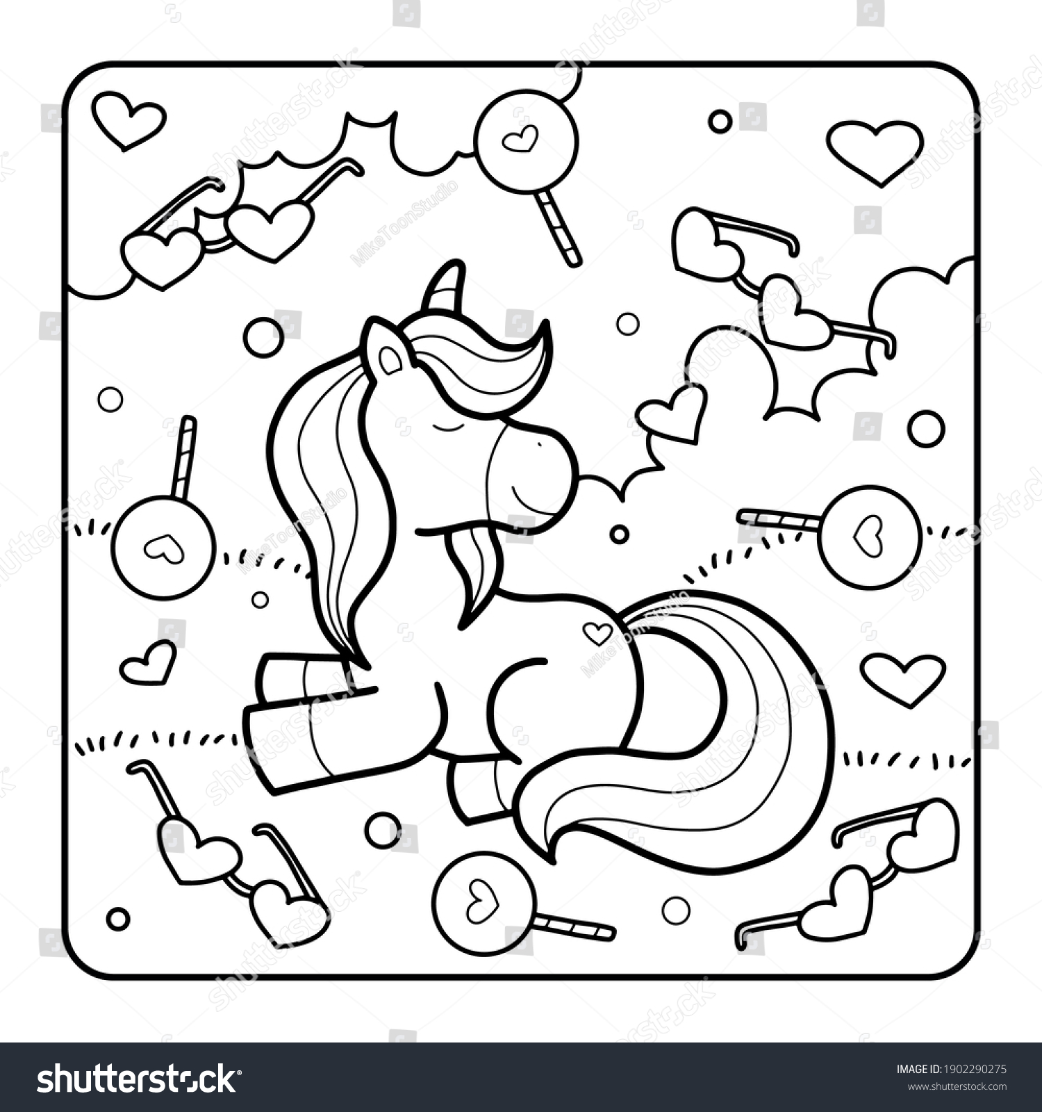 Valentines day unicorn coloring page stock illustration