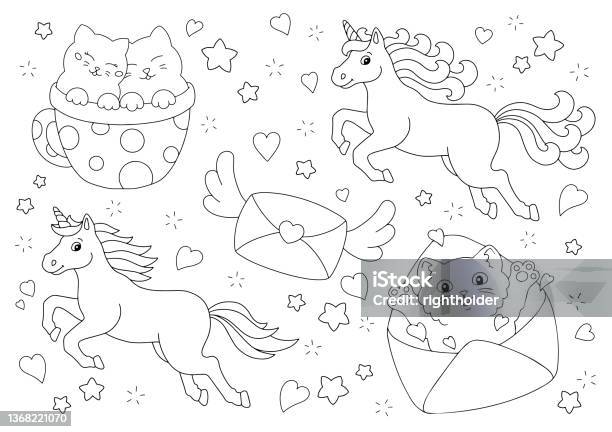 Unicorn postman delivers letters coloring book page for kids valentines day cartoon style character vector illustration isolated on white background stock illustration
