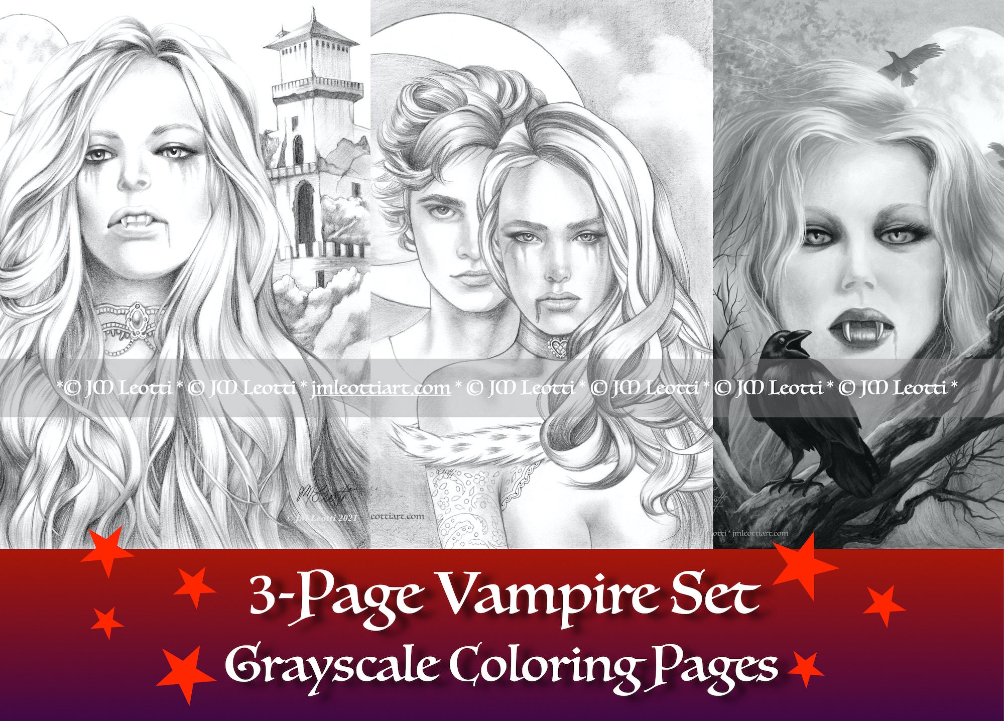 Vampire adult coloring page set grayscale printable instant download dark art vampires colouring pages