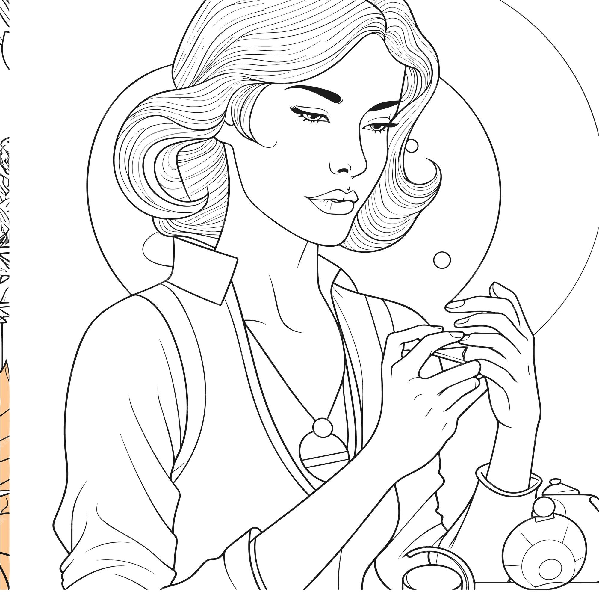 Premium vector illustartion coloring book page woman study