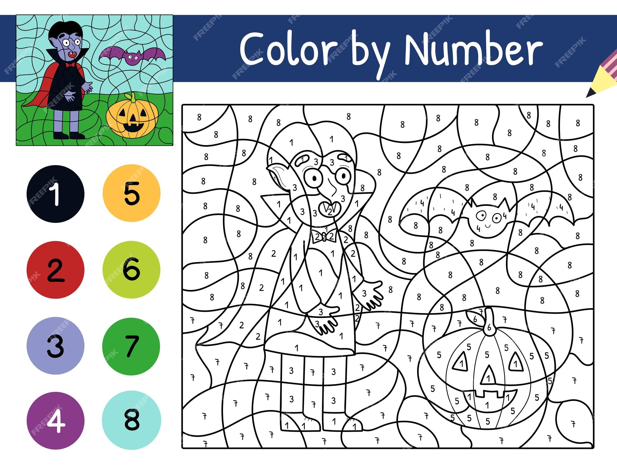 Premium vector cute vampire pumpkin and bat color by number game for kids halloween coloring page