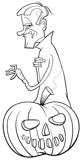 Premium vector cartoon vampire with halloween pumpkin coloring page