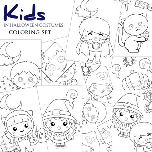 Kids halloween costume celebrate party decoration ghost vampire witch cat animal pumpkin coloring pages for kids and adult