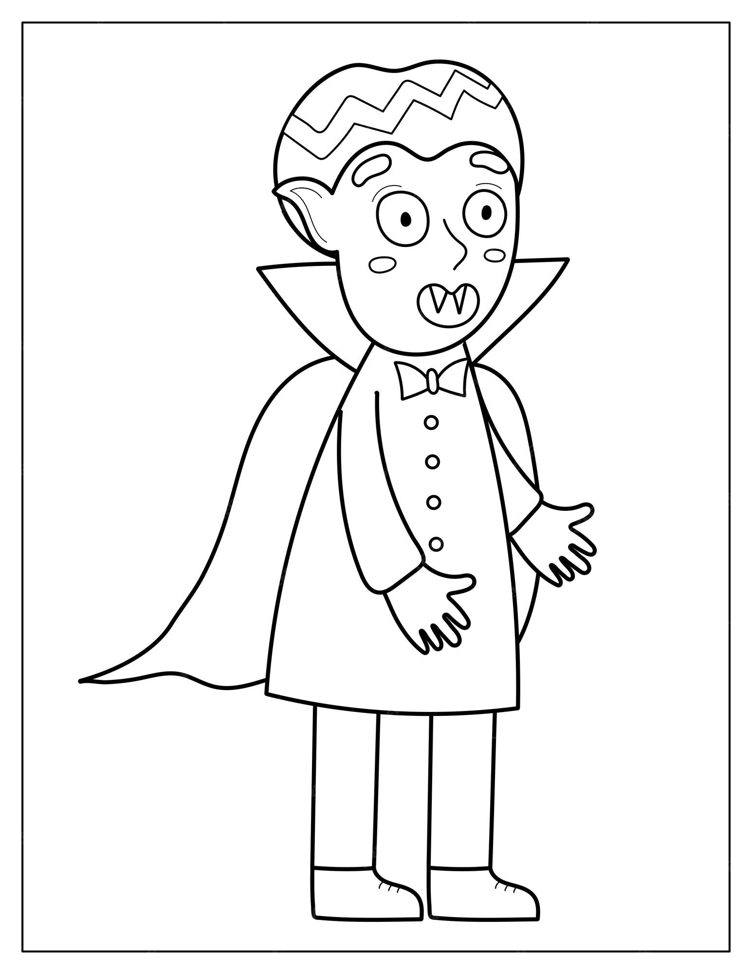 Premium vector halloween coloring page with a cute vampire spooky print in cartoon style for coloring book vector
