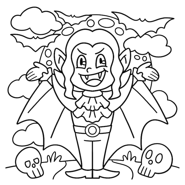 Premium vector girl vampire halloween coloring page for kids
