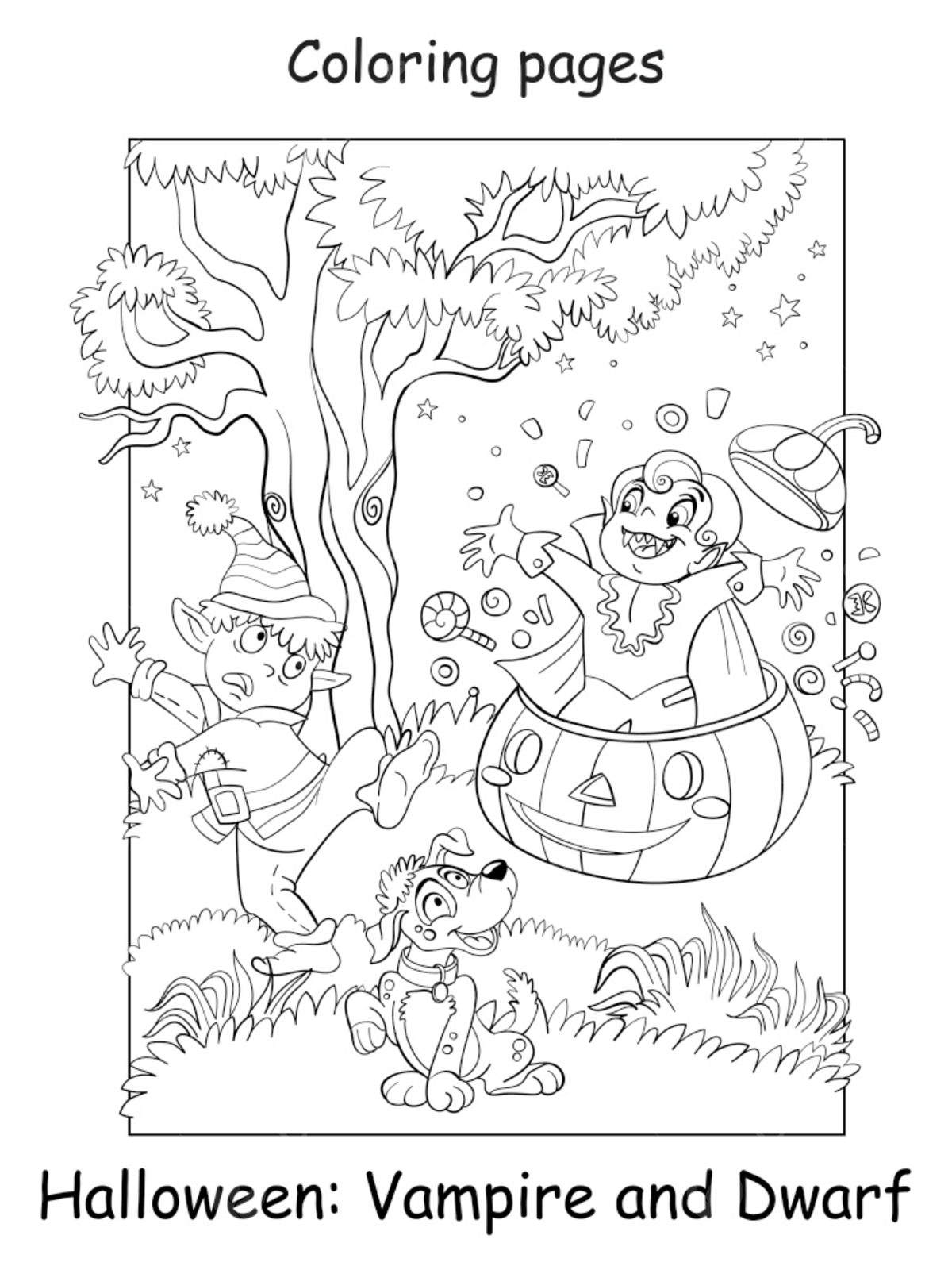 Vector coloring page funny vampire jumped out of a pumpkin and scared dwarf poster template download on