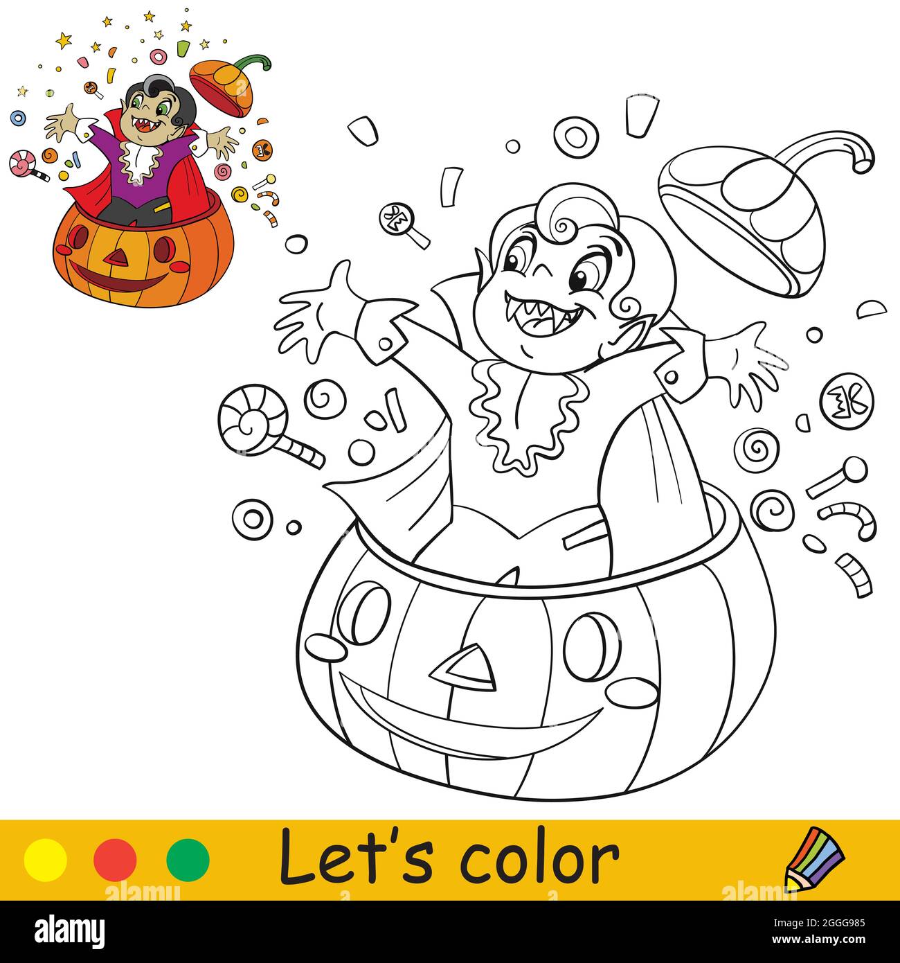Funny vampire jumps out of a pumpkin with sweets halloween concept coloring book page for children with colorful template vector cartoon illustrati stock vector image art