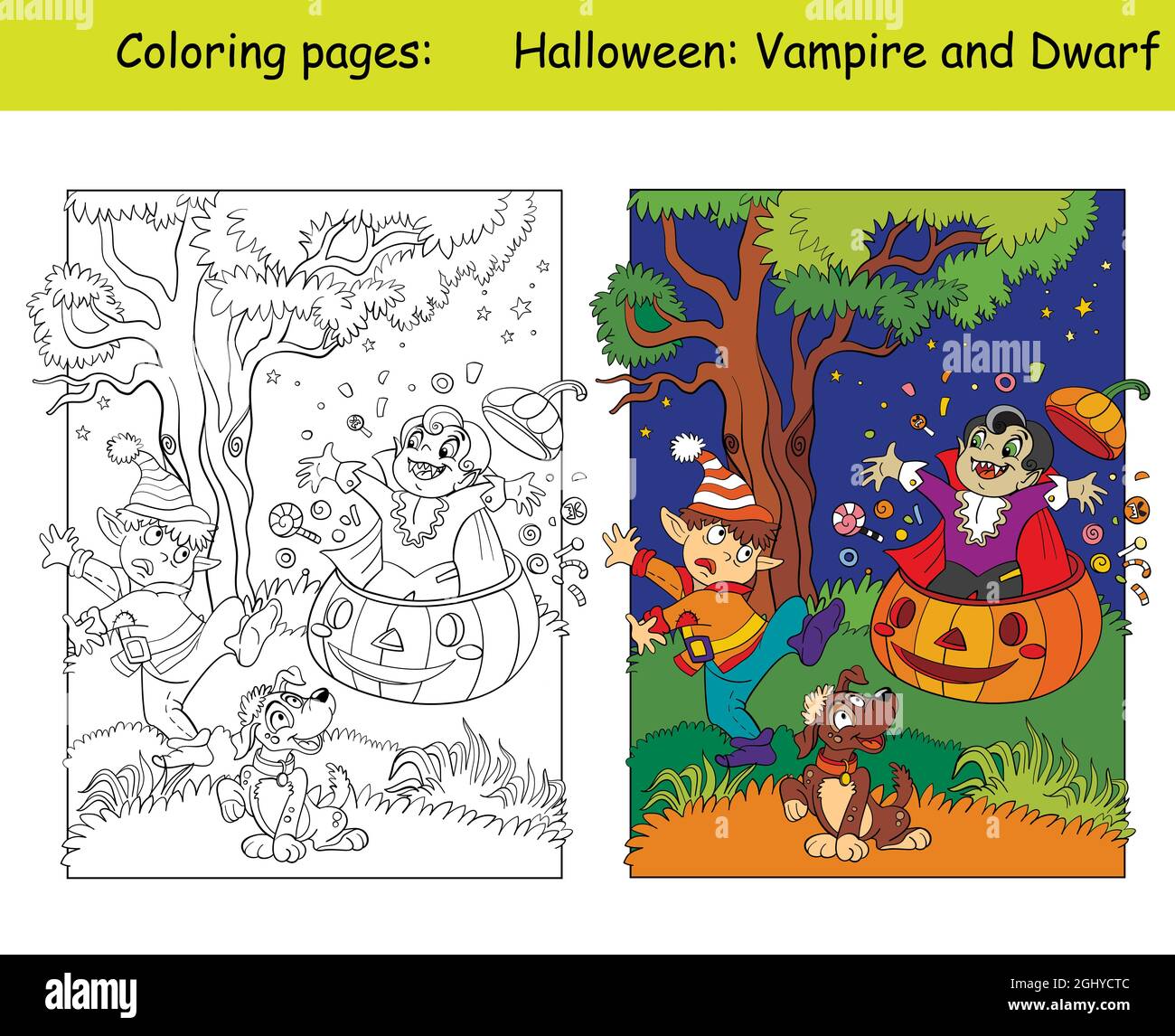 Funny vampire jumped out of a pumpkin and scared gnome halloween concept coloring book page for children with colorful template vector cartoon illu stock vector image art