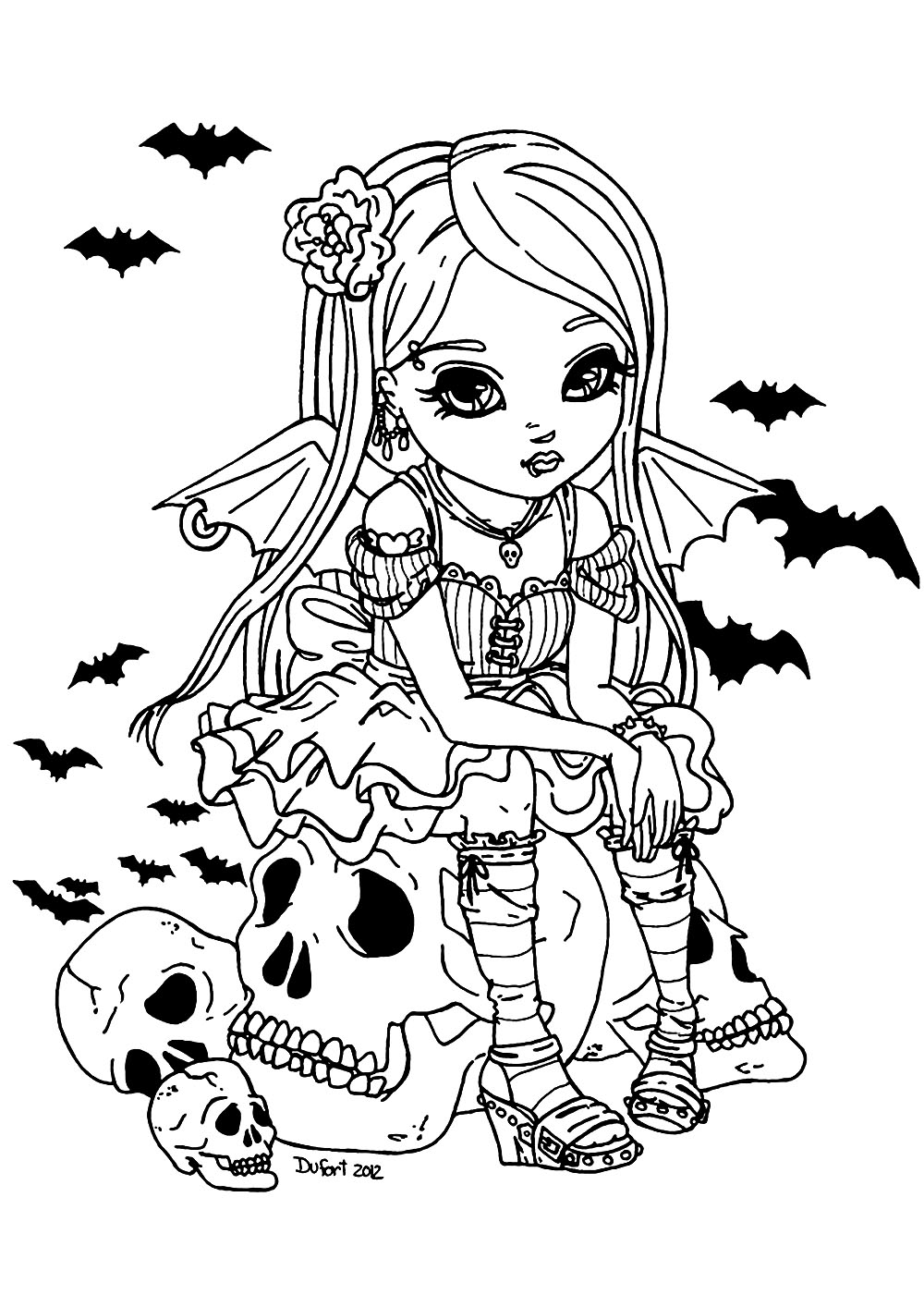 Color this cute little vampire girl sitting on a big skull witch coloring pages halloween coloring pictures halloween coloring