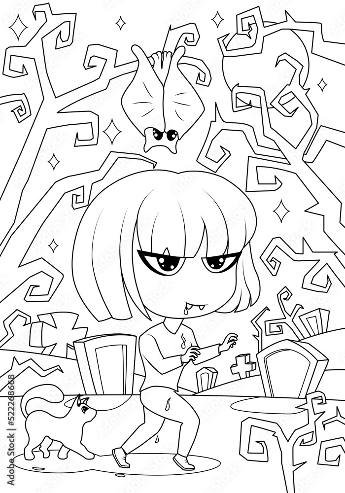 Vecteur a cute vampire girl walks around the cemetery at night with a cat coloring book for children and adults chibi gothic