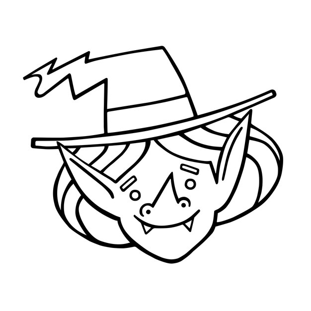 Premium vector a cute smiling witch in a hat with strange and long pierced ears the face of a funny vampire witch a cartoon halloween character handdrawn vector illustration in doodle