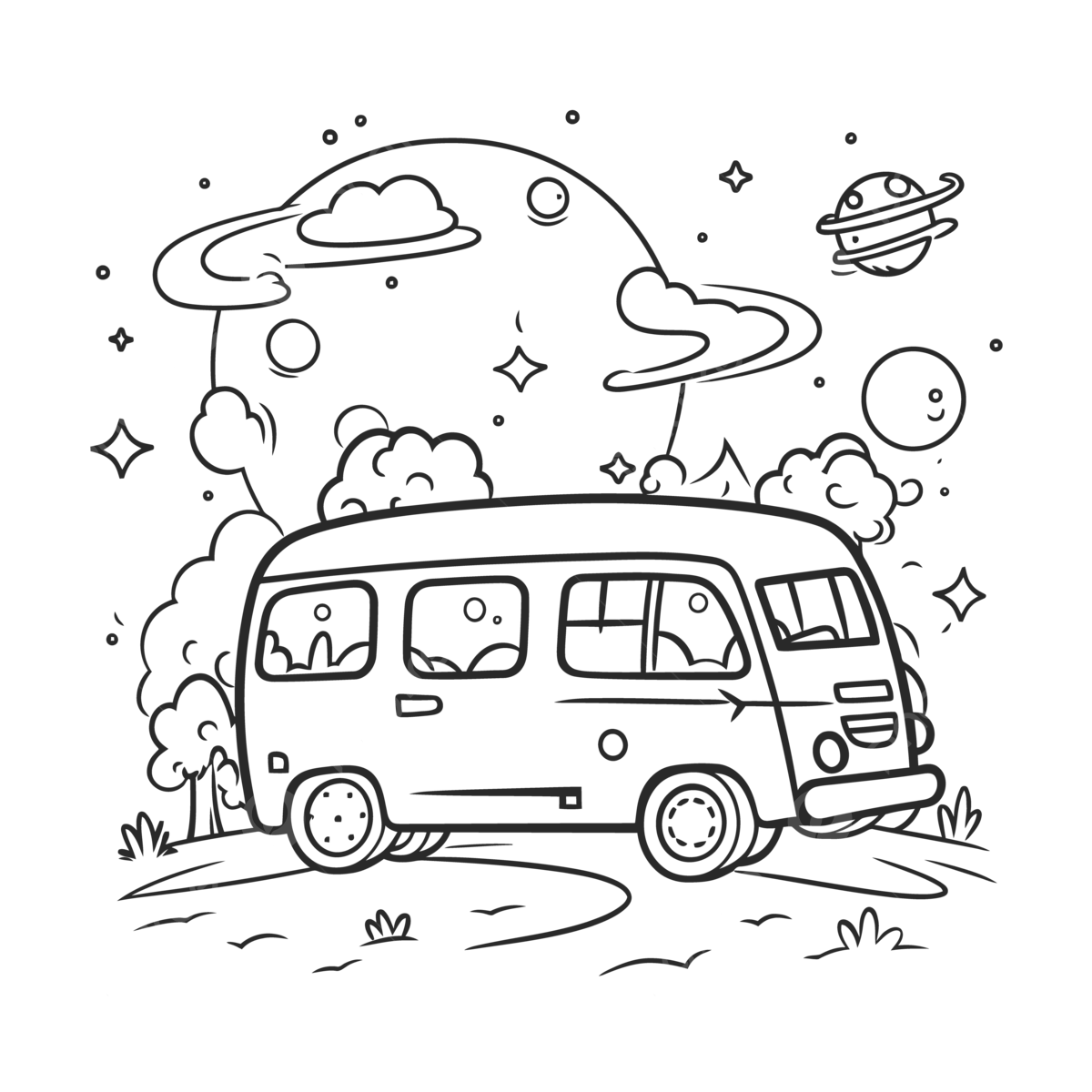 An adult coloring page featuring a vintage van with stars on the sky outline sketch drawing vector star drawing wing drawing sky drawing png and vector with transparent background for free download